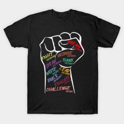 Black t-shirt with colorful motivational words in a raised fist design, ideal for casual wear and statement making.