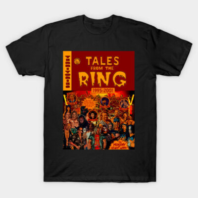 Black "Tales from the Ring" graphic T-shirt, featuring colorful wrestling design, cotton material, casual wear.