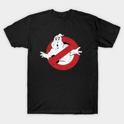 Black cotton t-shirt featuring a classic red and white ghost emblem design, ideal for casual wear and gift ideas.