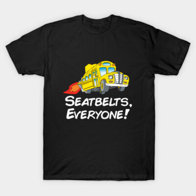 Black t-shirt with colorful cartoon bus graphic and "Seatbelts, Everyone!" text. Casual wear, cotton material.