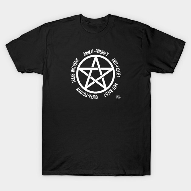 Black t-shirt with white pentagram design, featuring inclusive and positive messages. Casual unisex cotton tee.