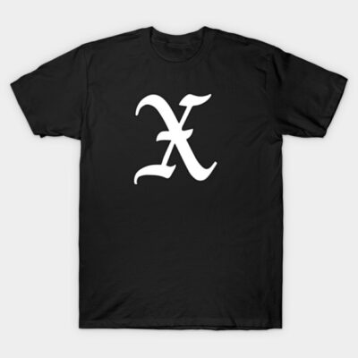 Black T-shirt with white Gothic letter X, casual style, 100% cotton, unisex design for everyday wear.
