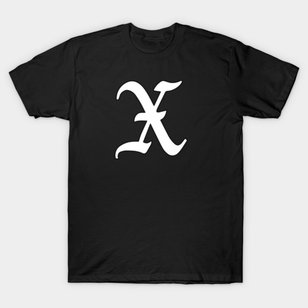Black T-shirt with white Gothic letter X, casual style, 100% cotton, unisex design for everyday wear.