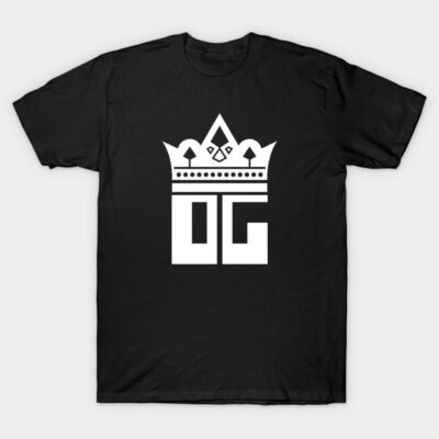 Black T-shirt with white graphic crown and OG logo, casual style, cotton material, unisex design.