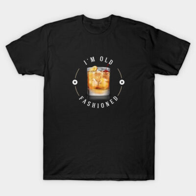 Black T-shirt with "I'm Old Fashioned" text and cocktail graphic, casual wear, cotton material, unisex style.