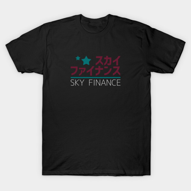 Black t-shirt with "Sky Finance" logo in Japanese and English, casual wear, soft cotton material.