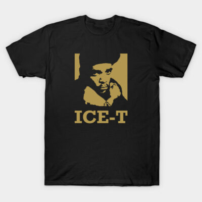 Black t-shirt with gold graphic design and "ICE-T" text, casual wear, 100% cotton, unisex style.