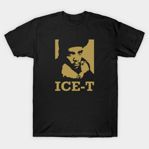 Black t-shirt with gold graphic design and "ICE-T" text, casual wear, 100% cotton, unisex style.