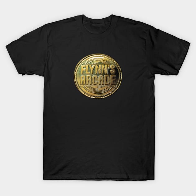 Black t-shirt with gold "Flynn's Arcade" logo, casual style, ideal for gaming enthusiasts, soft cotton material.