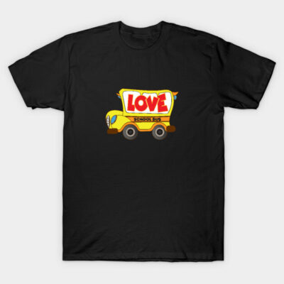 Black t-shirt with colorful "Love School Bus" graphic design, casual style, suitable for everyday wear.