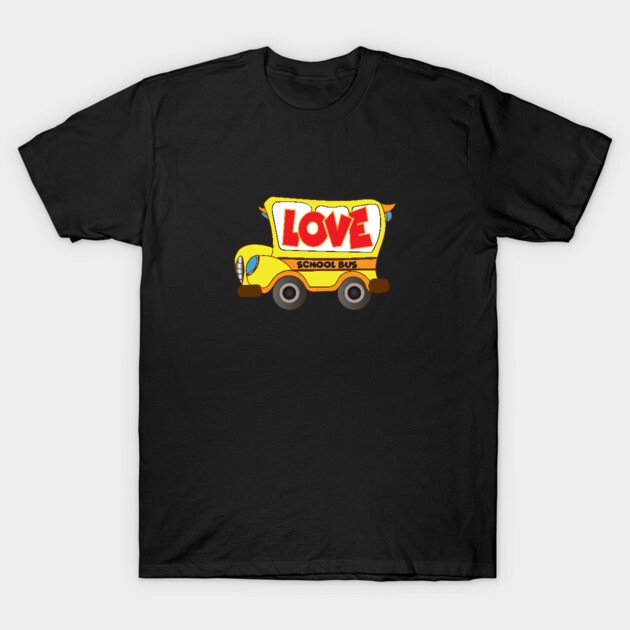 Black t-shirt with colorful "Love School Bus" graphic design, casual style, suitable for everyday wear.