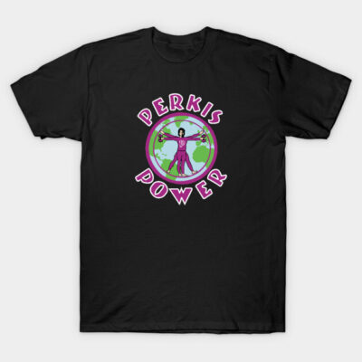 Black t-shirt with "Perkis Power" graphic design, featuring vibrant colors and bold lettering for casual wear.