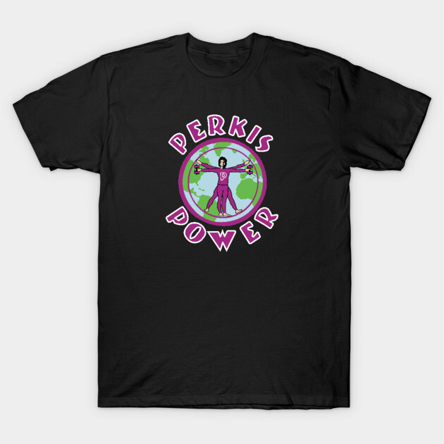 Black t-shirt with "Perkis Power" graphic design, featuring vibrant colors and bold lettering for casual wear.