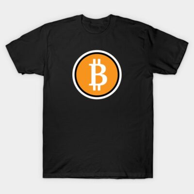 Black T-shirt with orange Bitcoin logo, casual style, soft cotton, suitable for cryptocurrency enthusiasts.
