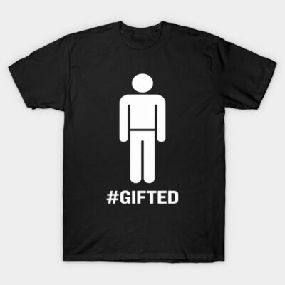 Black t-shirt with white graphic stick figure and "#GIFTED" text, casual unisex style, comfortable cotton material.