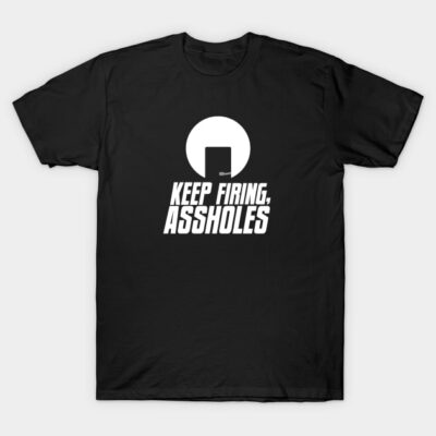 Black graphic t-shirt with bold white text and circular design, casual wear for everyday style.