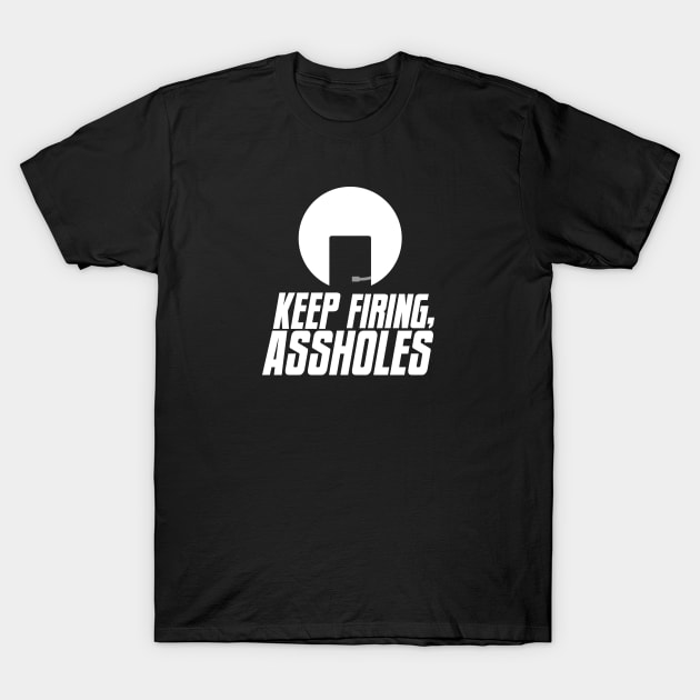 Black graphic t-shirt with bold white text and circular design, casual wear for everyday style.