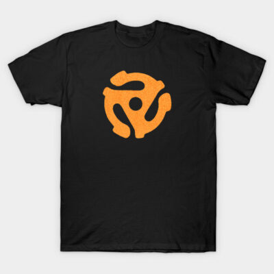 Black T-shirt with orange vinyl record adapter graphic, casual style, soft cotton material, ideal for music enthusiasts.