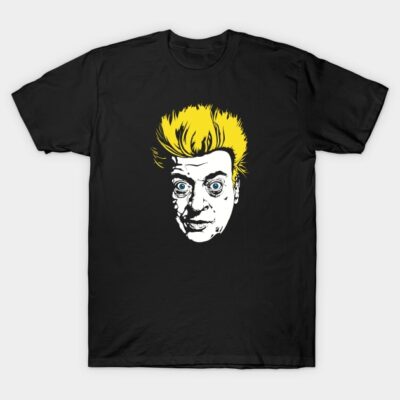 Black t-shirt with graphic yellow-haired face design, casual wear, cotton material, unisex style.
