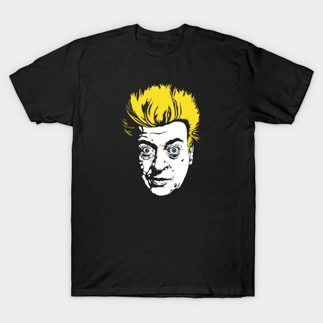 Black t-shirt with graphic yellow-haired face design, casual wear, cotton material, unisex style.
