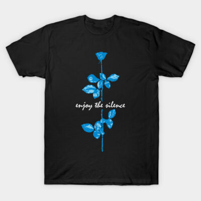 Black t-shirt with blue floral design and "enjoy the silence" text, casual cotton attire for everyday wear.