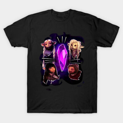 Black t-shirt featuring a mystical purple crystal and fantasy characters, perfect for casual wear or fans of fantasy themes.