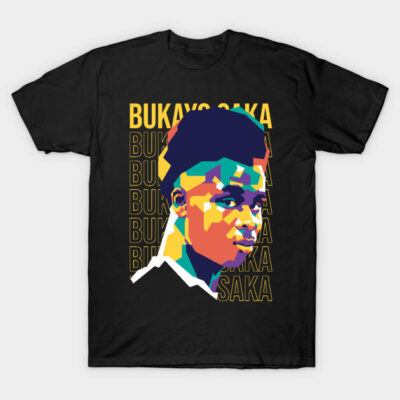 Black graphic t-shirt with colorful geometric portrait design and text overlay, ideal for casual wear.