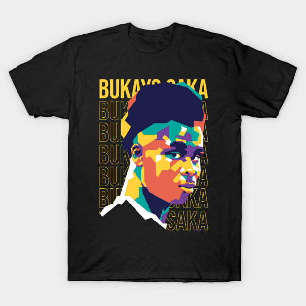 Black graphic t-shirt with colorful geometric portrait design and text overlay, ideal for casual wear.