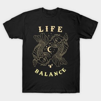 Black t-shirt with gold koi fish and moon design, "Life Balance" text, casual style, cotton material, unisex.
