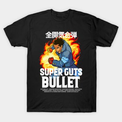 Black t-shirt with bold "Super Guts Bullet" text and dynamic graphic design, ideal for casual wear or fans of anime style.