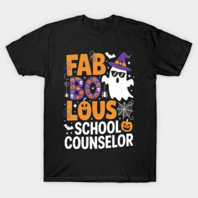 Black Halloween-themed t-shirt with "Fabulous School Counselor" text, featuring ghost, spiderweb, and bats design.