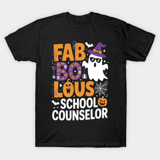 Black Halloween-themed t-shirt with "Fabulous School Counselor" text, featuring ghost, spiderweb, and bats design.