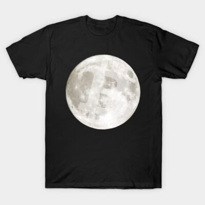 Black t-shirt featuring a full moon graphic with a subtle Bitcoin symbol, made of soft cotton for casual wear.