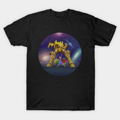 Black t-shirt featuring colorful robot and animal design in a cosmic background, ideal for sci-fi and fantasy fans.