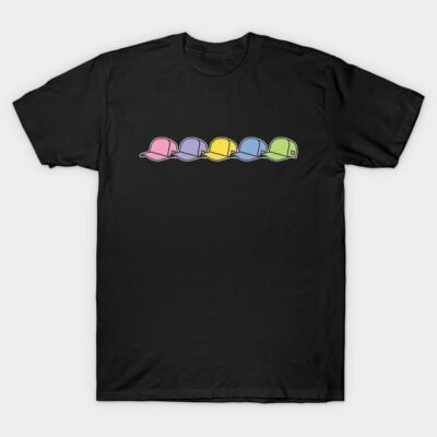 Black t-shirt with colorful pastel baseball cap graphic, casual style, 100% cotton, unisex, perfect for everyday wear.