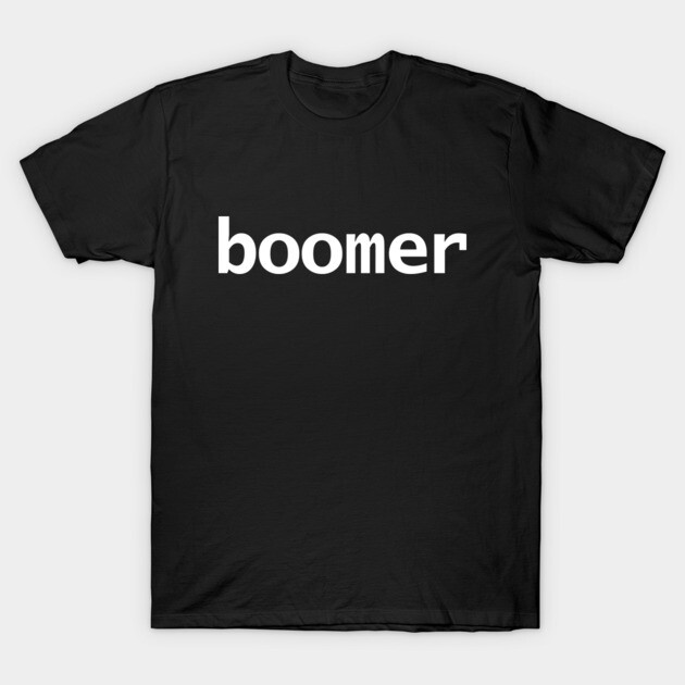 Black cotton t-shirt with "boomer" text in white, casual style for everyday wear.