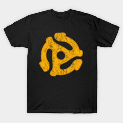 Black t-shirt with vintage yellow record adapter graphic, casual style, 100% cotton, perfect for music enthusiasts.