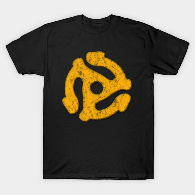 Black t-shirt with vintage yellow record adapter graphic, casual style, 100% cotton, perfect for music enthusiasts.
