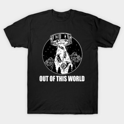 Black t-shirt with white "Out of This World" UFO graphic, casual style, suitable for everyday wear.