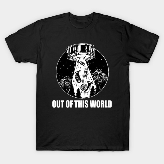 Black t-shirt with white "Out of This World" UFO graphic, casual style, suitable for everyday wear.