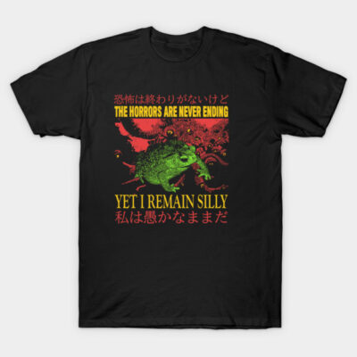 Black t-shirt with colorful frog and text graphic, "The Horrors Are Never Ending, Yet I Remain Silly." Casual wear.