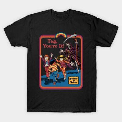 Black t-shirt with vintage horror-themed "Tag, You're It!" graphic, ideal for casual wear and Halloween events.