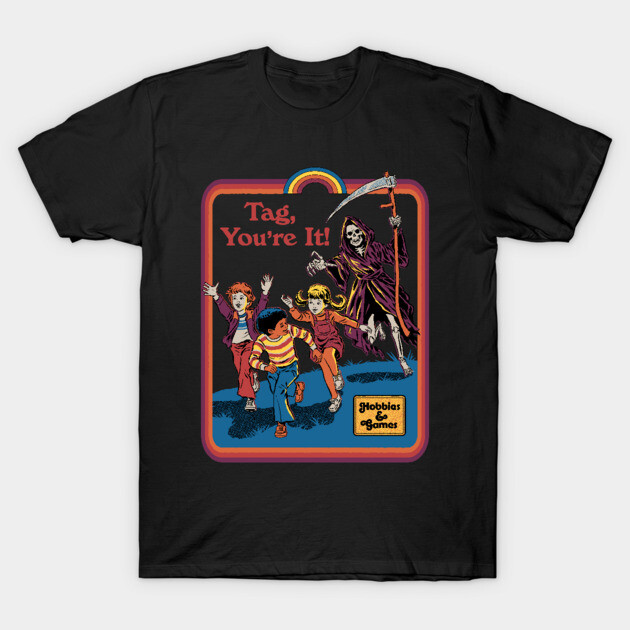 Black t-shirt with vintage horror-themed "Tag, You're It!" graphic, ideal for casual wear and Halloween events.