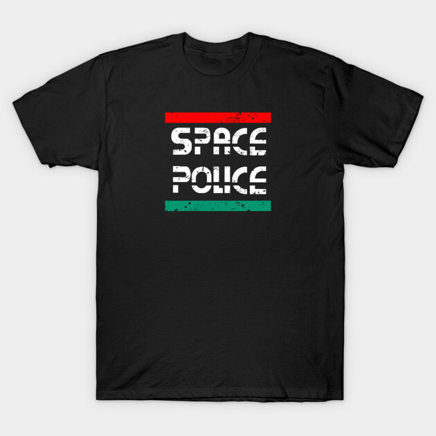 "Black Space Police t-shirt, graphic text design, casual style, cotton material, unisex wear"