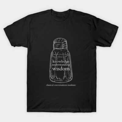 Black T-shirt with white salt shaker graphic and text "knowledge, understanding, wisdom" for casual wear.