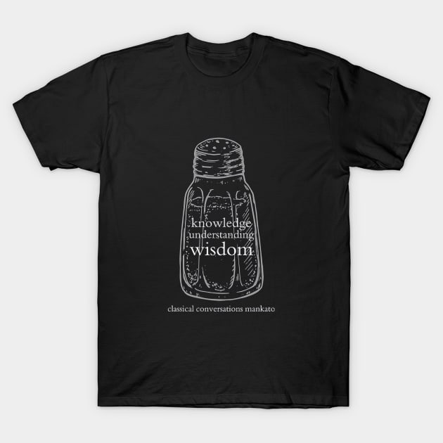 Black T-shirt with white salt shaker graphic and text "knowledge, understanding, wisdom" for casual wear.