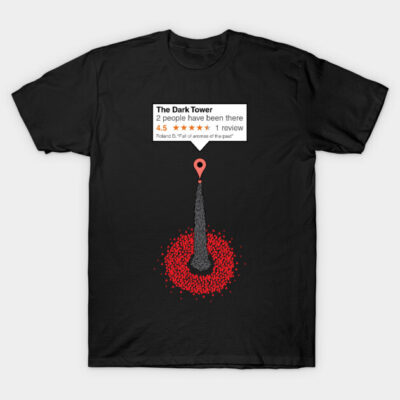 Black graphic t-shirt featuring "The Dark Tower" theme with red and white design elements, casual wear cotton tee.