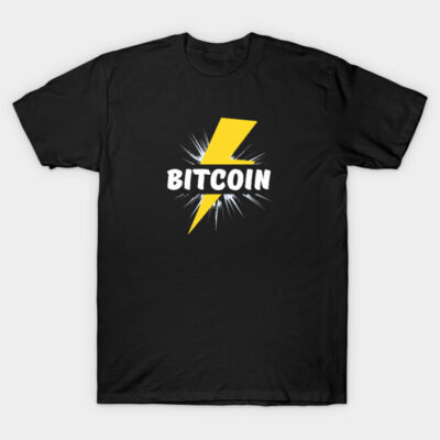 Black Bitcoin-themed t-shirt with yellow lightning bolt design, casual style, cotton material, unisex apparel.