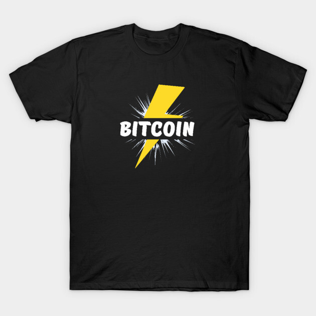 Black Bitcoin-themed t-shirt with yellow lightning bolt design, casual style, cotton material, unisex apparel.
