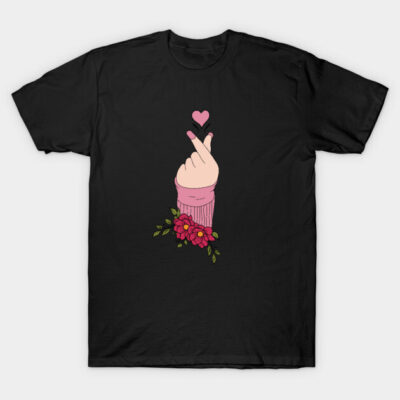 Black t-shirt with hand heart gesture, pink sleeve, floral design, casual style, cotton material, unisex fashion.